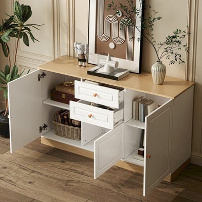 MODENUIT Dressoir - 3 Deuren En 2 Laden - Voor Woon- En Eetkamer - Spaanplaat Wit En Houtlook - 135,5x39x76 Cm