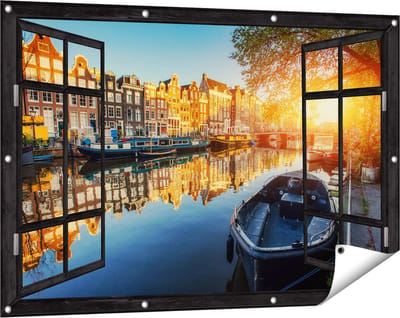 Gards Tuinposter Doorkijk Amsterdamse Gracht bij Zonsondergang - 120x80 cm - Tuindoek - Tuindecoratie - Wanddecoratie buiten - Tuinschilderij