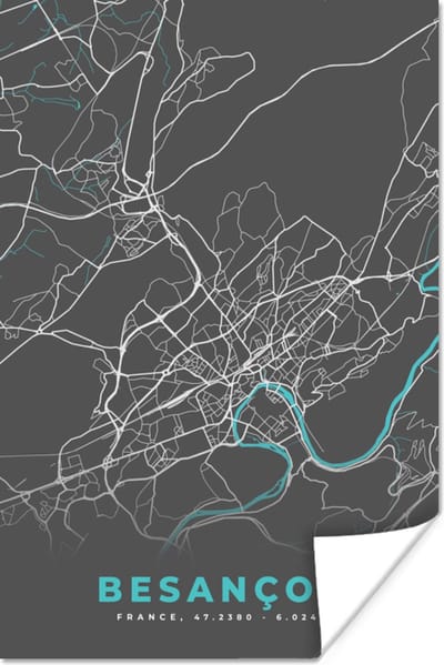 Poster Kaart - Plattegrond - Stadskaart - Besançon - Frankrijk - 120x180 cm XXL