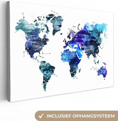 Canvas schilderij 120x80 cm - Wanddecoratie Wereldkaart - Blauw - Sterrenhemel - Kinderen - Jongens - Meisjes - Muurdecoratie woonkamer - Kamer decoratie accessoires - Schilderijen