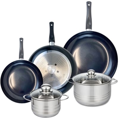 Set van 3 kookpannen 24, 28 en 32 cm en 2 braadpannen 16 en 20 cm Elo Prima Brillant