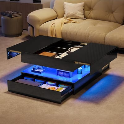 Salontafel voor woonkamer, zwart, glanzend, met led, uittrekbare salontafel met 2 laden, grote opbergruimte, moderne rechthoekige salontafel, bijzettafel, salontafels voor woonkamer