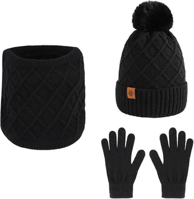 Dames wintermuts met pompon, fleece gevoerde sjaal en touchscreen handschoenen - Perfect als kerstcadeau voor de koude maanden