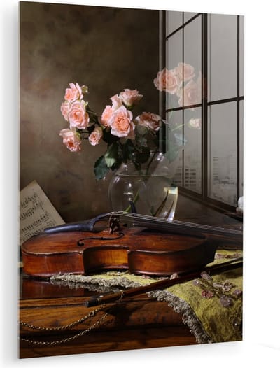 MuchoWow® Glasschilderij 120x160 cm - Schilderij acrylglas - Viool - Rozen - Roze - Bloemen - Stilleven - Foto op glas - Muurdecoratie woonkamer - Wanddecoratie slaapkamer - Schilderijen