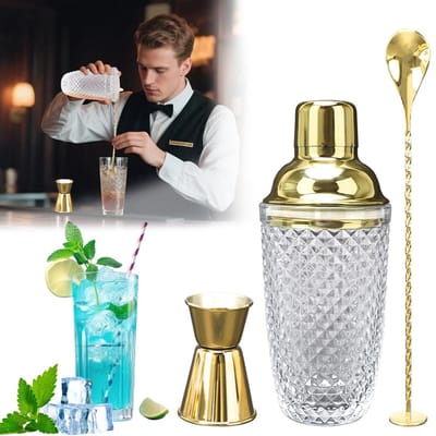 Cocktailshaker, cocktailmixer, shaker, roestvrij staal, glazen cocktailshaker, roestvrijstalen deksel, geïntegreerde zeef, shaker voor cocktails, mixer, lepel, 4-delige barkeeper (diamantvorm-goud)