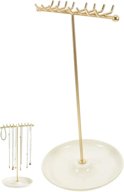 Sieradenstandaard - T-vormige kettinghouder, sieradenopslag en organizer voor dames in goud en wit, perfect voor kettingen en armbanden