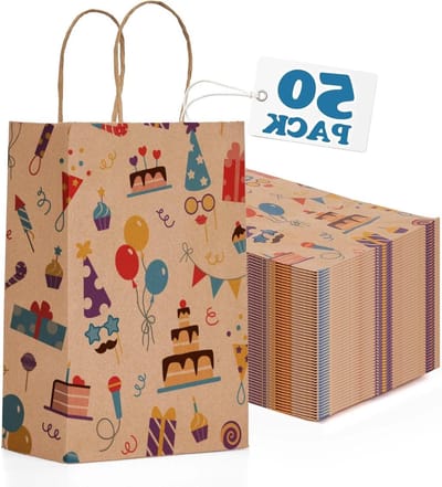 Feestzakken - 50 stuks - geschenkzakken - bruine papieren zakken - handgrepen - verjaardag - feestartikelen - kinderfeest - bruiloft - 15x8x21 cm