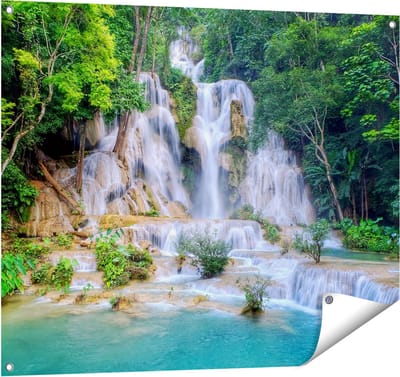 Gards Tuinposter Waterval in het Tropische Natuur - 100x80 cm - Tuindoek - Tuindecoratie - Wanddecoratie buiten - Tuinschilderij