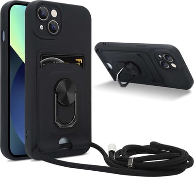 Cadorabo Telefoonketting Hoesje met standfunctie geschikt voor Apple iPhone 13 in ZWART - Siliconen beschermhoes met verstelbare koordband