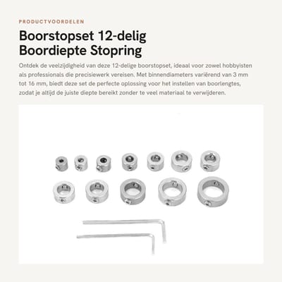 Dailygoods- Boorstopset 12-delig - Roestvrij Staal - Binnendiameters 3/4/5/6/7/8/9/9,5/10/12/14/16mm - Inclusief 2 Inbussleutels - Nauwkeurige Afstelling - Gewicht 105g - Boorlimietring