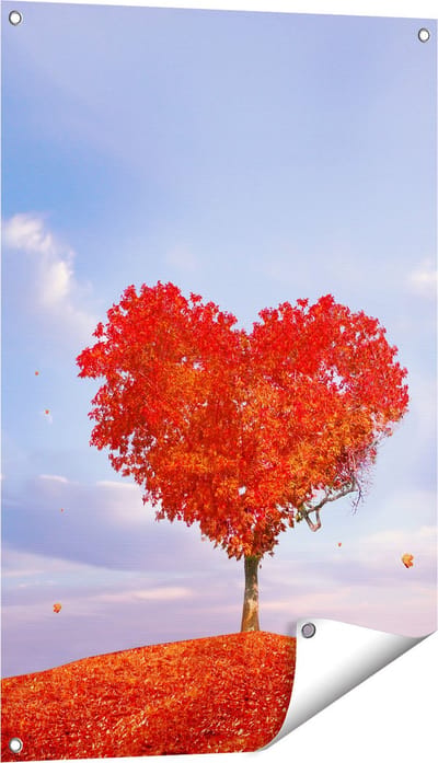 Gards Tuinposter Rode Liefde Boom in een Hart Vorm - 60x90 cm - Tuindoek - Tuindecoratie - Wanddecoratie buiten - Tuinschilderij