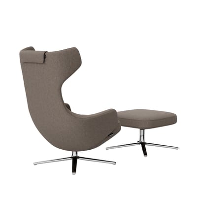 Vitra Grand Repos Fauteuil & Ottoman - gepolijst aluminium - Cosy2 kruissteek 02 fossiel - Zithoogte 40 cm