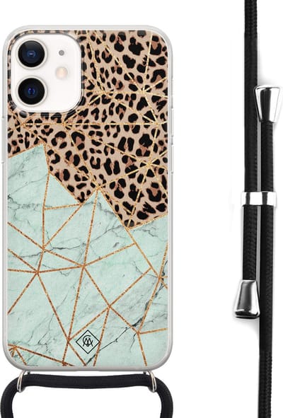 Casimoda® hoesje met koord - Geschikt voor iPhone 12 Mini - Luipaard Marmer Mint - Afneembaar koord - Siliconen/TPU - Bruin/beige