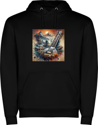 Zwarte unisex hoodie met “ Kleurrijke Muziekinstrument – Japans – Tempels – Rust – SanXian “ Print Full Color Color merk Roly maat S