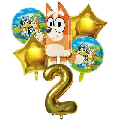 6 pièces Famille Bluey Ballon en Aluminium Dessin Animé Bingo Jouet d'Activité Ballon Étoile Bleu Doré Décor Collection Anniversaire Articles de Baby Shower As Picture