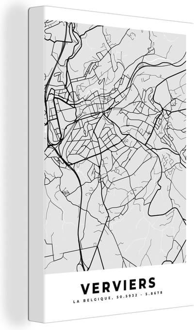 Canvas Schilderij België – Verviers – Stadskaart – Kaart – Zwart Wit – Plattegrond - 20x30 cm - Wanddecoratie