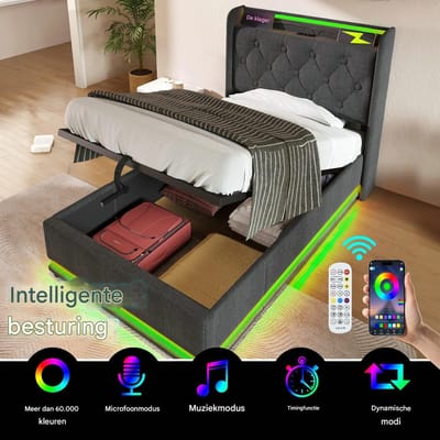 Eenpersoonsbed van 90x200 cm met USB Type-C-oplader en 360° ledverlichting - bed met hydraulische opbergruimte - in linnen - grijs