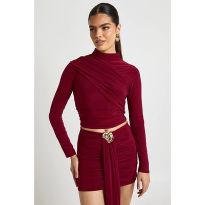 boohoo Dames Dubbele Laag Slinky Hoge Hals Wikkel Lange Mouw Top | Burgundy | Maat: 10