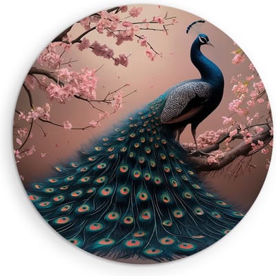 Saammp Muurcirkel Hout - Pauw tussen de roze bloesem - Dieren - Natuur - Ø 90 - Wandcirkel - Wanddecoratie Cirkel - muurdecoratie Woonkamer - Slaapkamer decoratie - Rond Schilderij
