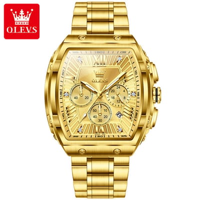 HO-5639.g : Olevs geborsteld edelstaal chronografisch goudkl heren quartz horloge ''barrel'', diamantzirkonia's, kalenderdag