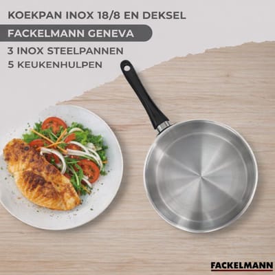 Set van 1 pan 28 cm roestvrij staal, glazen deksel, 3 roestvrijstalen kookpotten 16, 20 en 24 cm en 6 roestvrijstalen keukengerei Fackelmann Geneva