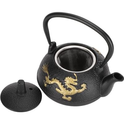Gietijzeren Theepot 0.3L Waterkoker met Zeef Gouden Drakenpatroon Bureau Ornamenten Simulatie Japanse Stijl black