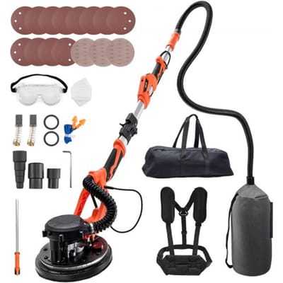 VEVOR Gipsplaatschuurmachine 1150 W, Plafondschuurmachine met 255 mm Schuurschijf, Schuurmachine met Lange Steel en Stofafzuiging, 800-1700 Tpm, Led-Verlichting, Uitschuifbare Steel, 15 Schuurschijven