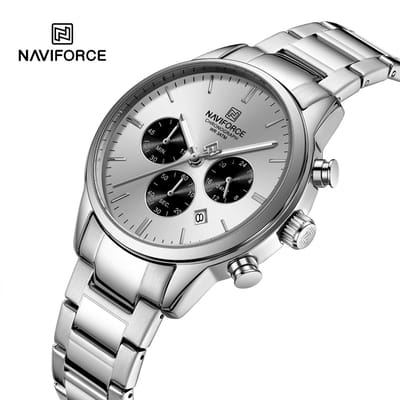 NAVIFORCE horloge voor mannen, met zilveren metalen polsband, zilveren uurwerkkast en witte wijzerplaat ( model 8076 SWS ), verpakt in mooie geschenkdoos