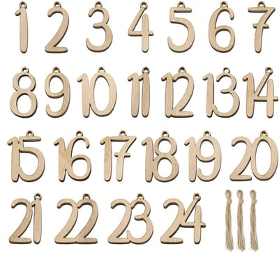 Dailygoods- Adventskalender Houten Cijfers 1-24 - Cadeaulabels - Kerstdecoratie - Aftellen naar Kerstmis - Houten Ornamenten - Praktische Knutselset