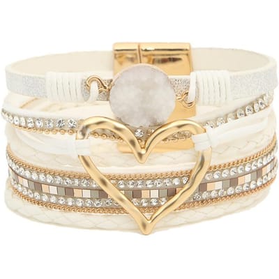 Bohemian Meerlaags Leren Armband Handgeweven Armband Gouden Grote Liefde Damesarmband wit
