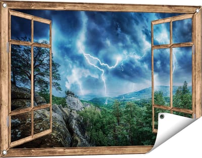 Gards Tuinposter Doorkijk Onweer in het Bos - Bliksem - 90x60 cm - Tuindoek - Tuindecoratie - Wanddecoratie buiten - Tuinschilderij