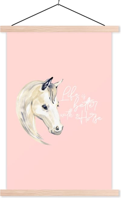 Posterhanger incl. Poster 40x60 cm - Schoolplaat - Life is better with a horse - Quotes - Paarden - Spreuken - Textielposter - Blanke latten