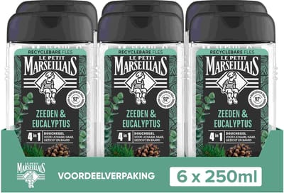 Le Petit Marseillais 4in1 douchegel voordeelverpakking - zeeden en eucalyptus - extra verfrissend - 6x250 ml