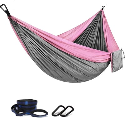 Dubbele hangmat - Reishangmat parachute - Ontspannen buiten - Inclusief boomriemen - 300 x 200 cm - Roze grijs