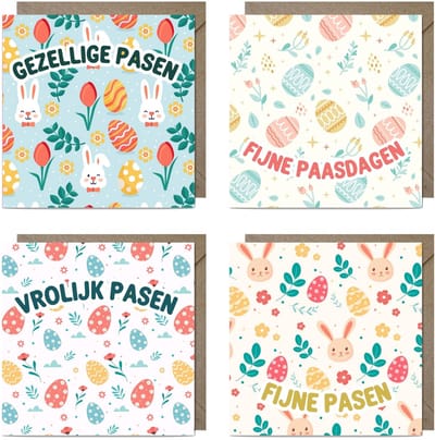8 Luxe Vierkante Vrolijk Pasen Wenskaarten - Paaskaarten - 13,5x13,5cm - gevouwen kaarten Inclusief gekleurde enveloppen