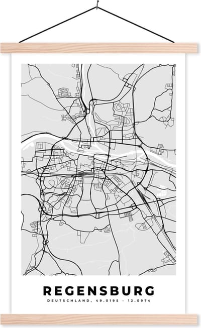 Posterhanger incl. Poster 40x60 cm - Schoolplaat - Duitsland - Stadskaart - Plattegrond - Regensburg - Kaart - Textielposter - Blanke latten - Stadskaart