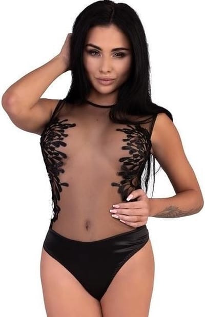Doorzichtige Lingerie Body met Zwart motief Maat: 38