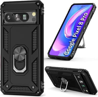 Casemania Hoesje Geschikt voor Google Pixel 8 Pro - Zwart - Anti-Shock Hybrid Armor Back Cover - Hoes met Kickstand Ring