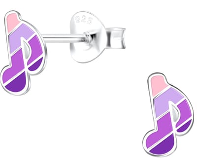 Joy|S - Zilveren muzieknoot oorbellen - 5 x 7 mm - roze paars gestreept - muziek noot oorknoppen - kinderoorbellen