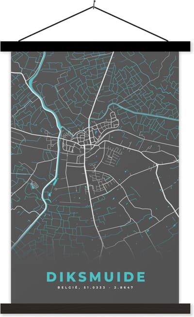 Posterhanger incl. Poster 40x60 cm - Schoolplaat - Plattegrond – Diksmuide – Blauw – Stadskaart - Kaart - Textielposter - Zwarte latten - Stadskaart