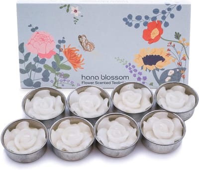 8 Handgemaakte Fairtrade Parfumkaarsen Witte Roos & Theelichtjes - Cadeauset