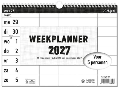 MGPcards - 18 Maanden Familieplanner 2027 - Week Kalender - 5 Personen - Gezinsplanner - Familyplanner - Nederlandse en Belgische feestdagen - juli 2026 t/m december 2027 - 27 x 24,5 cm