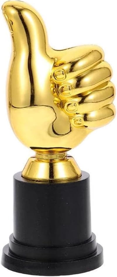 Trofee Gouden Duim - Plastic Prijs - Spelletjes Belonen - Gladde Ronde Rand - 13 cm Hoog - Goud