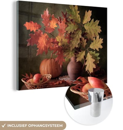MuchoWow® Glasschilderij 160x120 cm - Schilderij acrylglas - Stilleven - Pompoen - Bladeren - Appel - Kersen - Herfst - Foto op glas - Muurdecoratie woonkamer - Wanddecoratie slaapkamer - Schilderijen