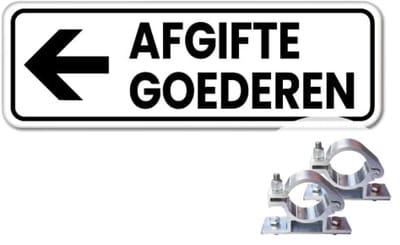 Bord afgifte goederen pijl links - Weerbestendig Aluminium - 40x15 cm - Bevestiging: Met paalbeugels Ø48mm