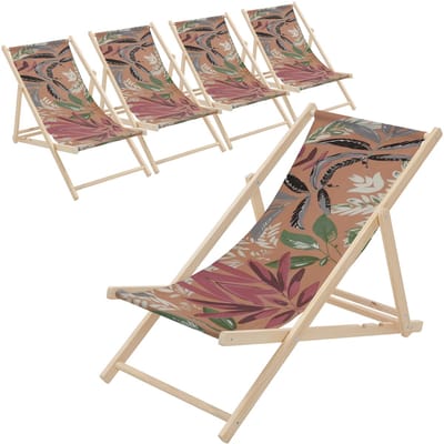 Set van 5 houten tuinligstoelen in gebloemd bruin-rood-groen Opvouwbare strandstoel Strandstoel Ligstoel Relaxligstoel