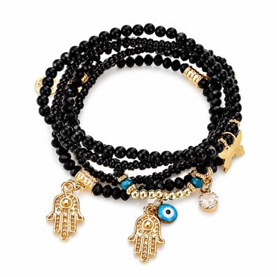 Marama Ibiza Sunset Zwart – Armbandenset Dames – Set van 5 – Bohemian – Elastisch – Zwarte Kralen met Goudkleurige Bedels