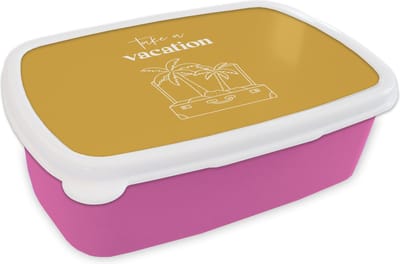 Broodtrommel Roze - Lunchbox - Brooddoos - Spreuken - Quotes - Take a vacation - Palmboom - 18x12x6 cm - Kinderen - Meisje