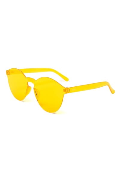 KIMU® Zonnebril Larry - Zonder Montuur - Gele Glazen - Dames Heren Retro Kunststof Vintage Designer Montuurloos Geel Festival