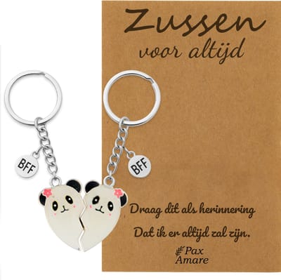 BFF Sleutelhanger voor 2 'Zussen voor altijd' - Magnetisch Hartje Panda's - Sleutelhanger set op Cadeau Kaartje Sleutelhanger set - Zilverkleurig - Vriendschap Symbool - Pax Amare